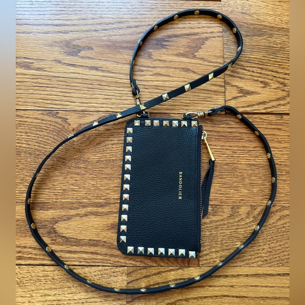 Bandolier Leather Black and Gold Studded Crossbody Wallet Pouch Bag with strap